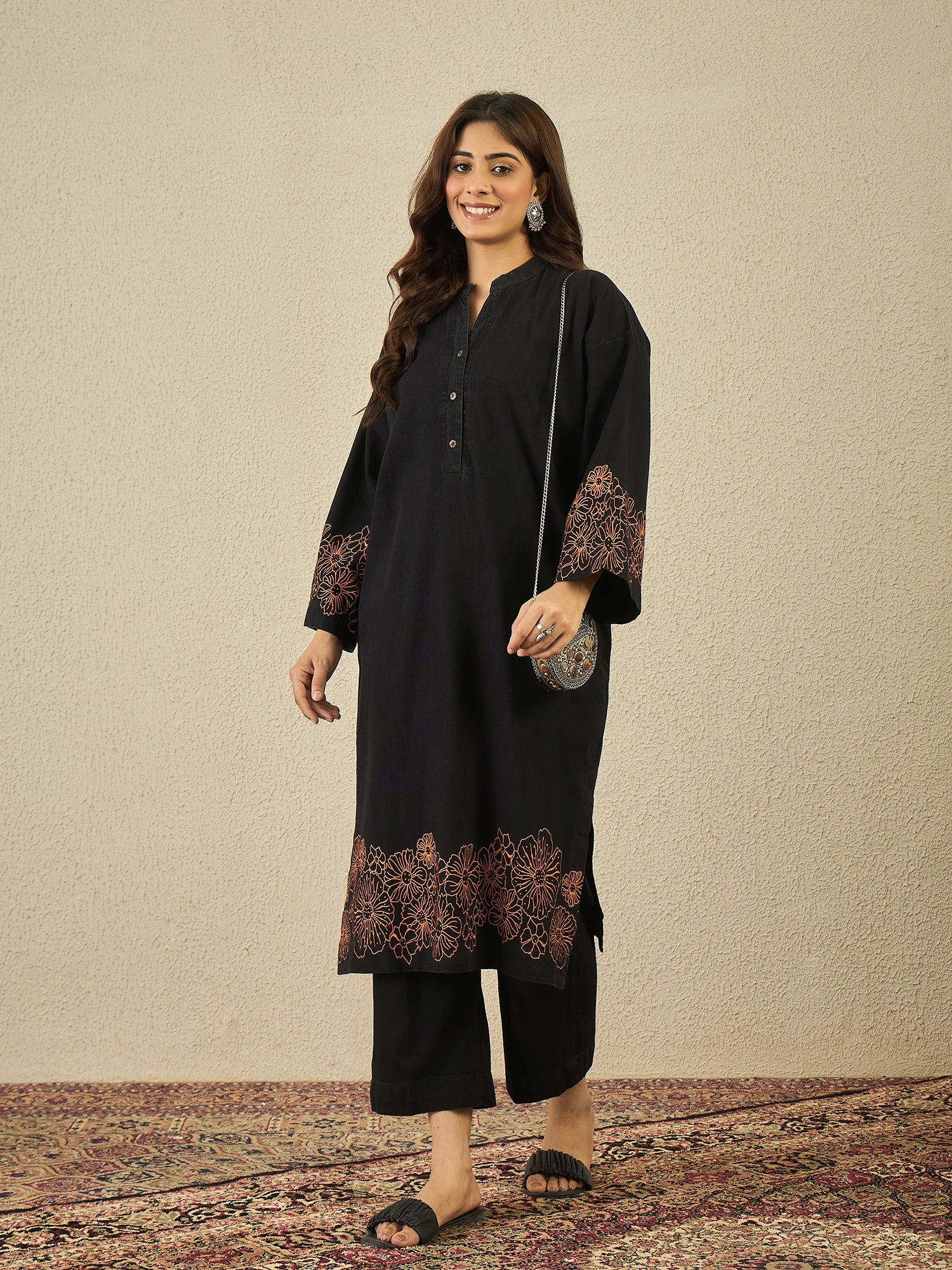 Denim Printed Kurta Set - Main Image
