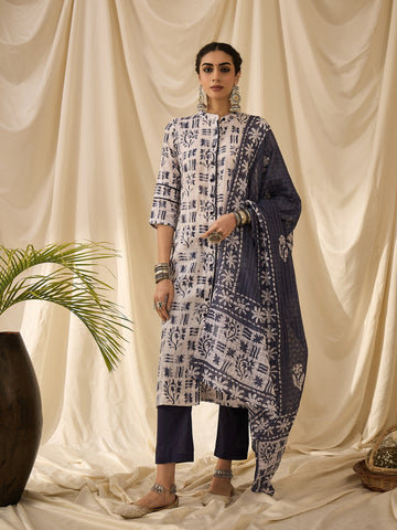 Muted Blue Batik print kurta set with dupatta