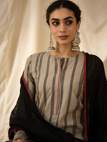 Grey Handloom Kurta Set With Dupatta