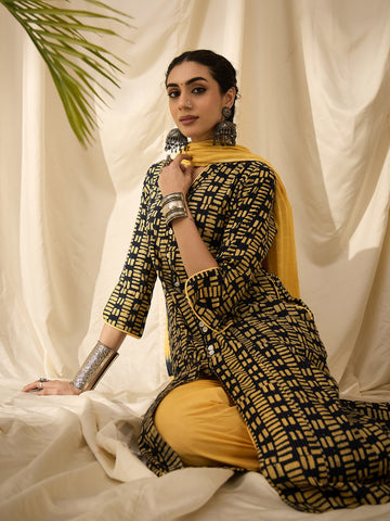 Yellow Print Kurta Set with Dupatta
