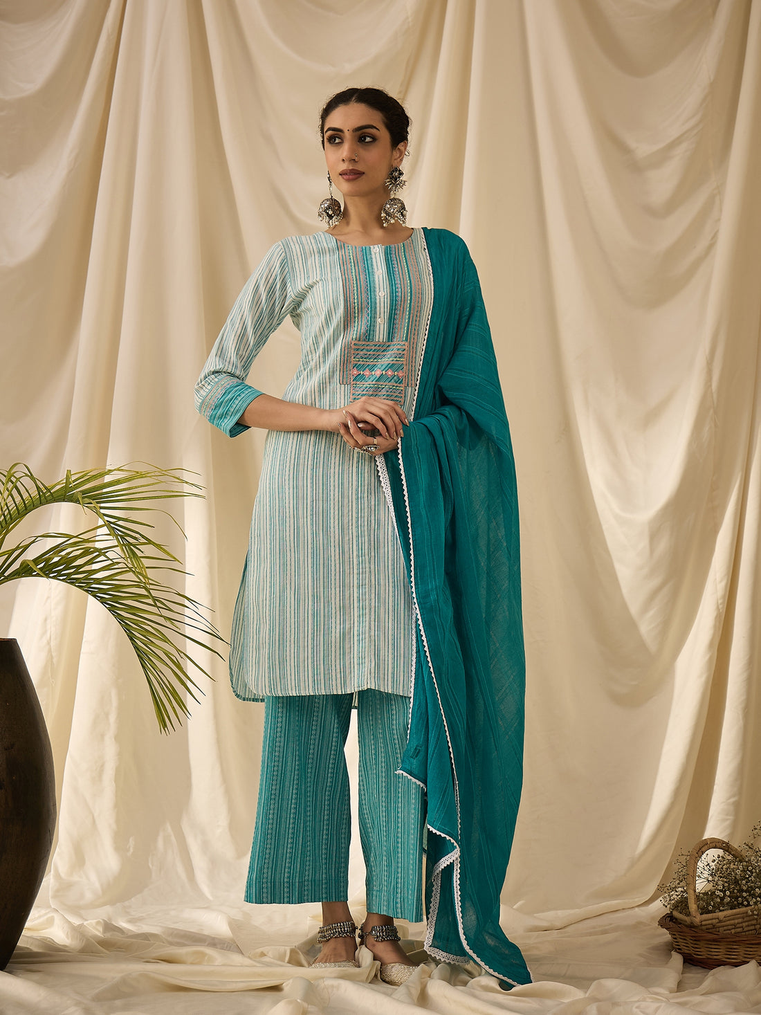Firozi Striped Kurta Set with Dupatta