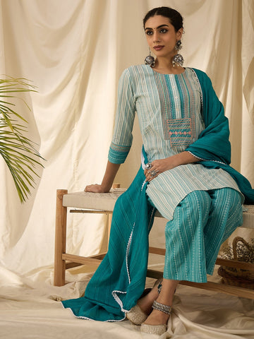 Firozi Striped Kurta Set with Dupatta