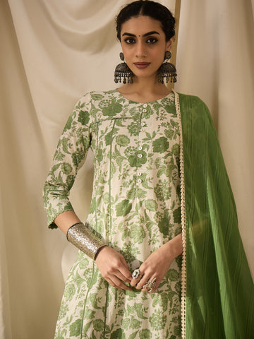 Green Floral Printed Kurta Set with Dupatta