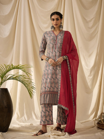 Grey printed kurta set dupatta