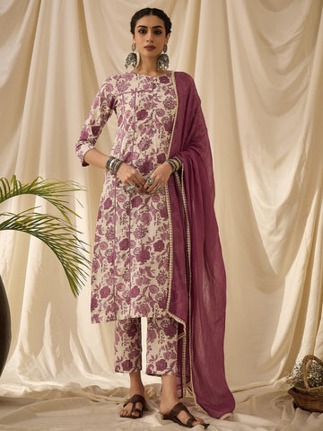 Purple Floral Printed Kurta Set with Dupatta