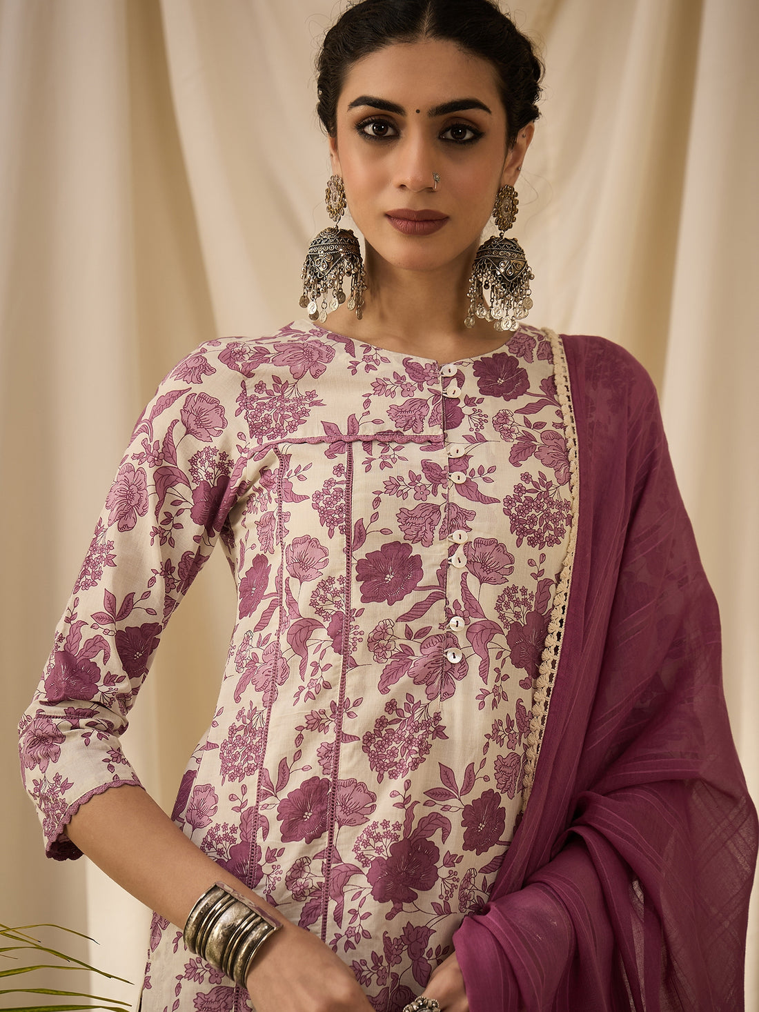 Purple Floral Printed Kurta Set with Dupatta