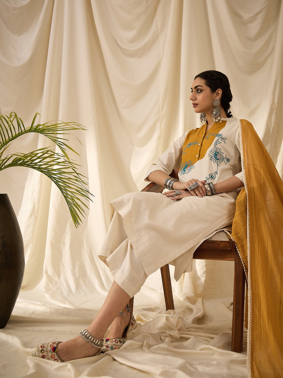 Ecru kurta set with dupatta