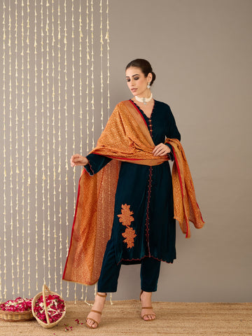 Dark Navy Velvet Kurta Set with Dupatta