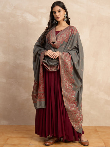 The Grey and Maroon Woven Banarasi Dupatta