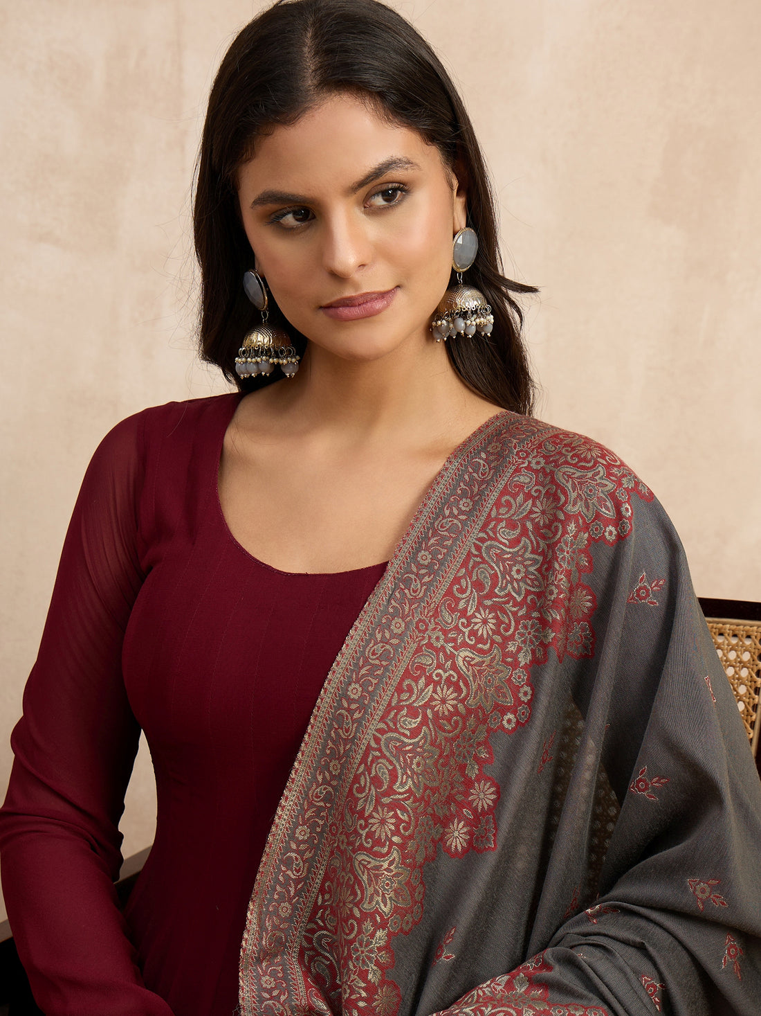 The Grey and Maroon Woven Banarasi Dupatta