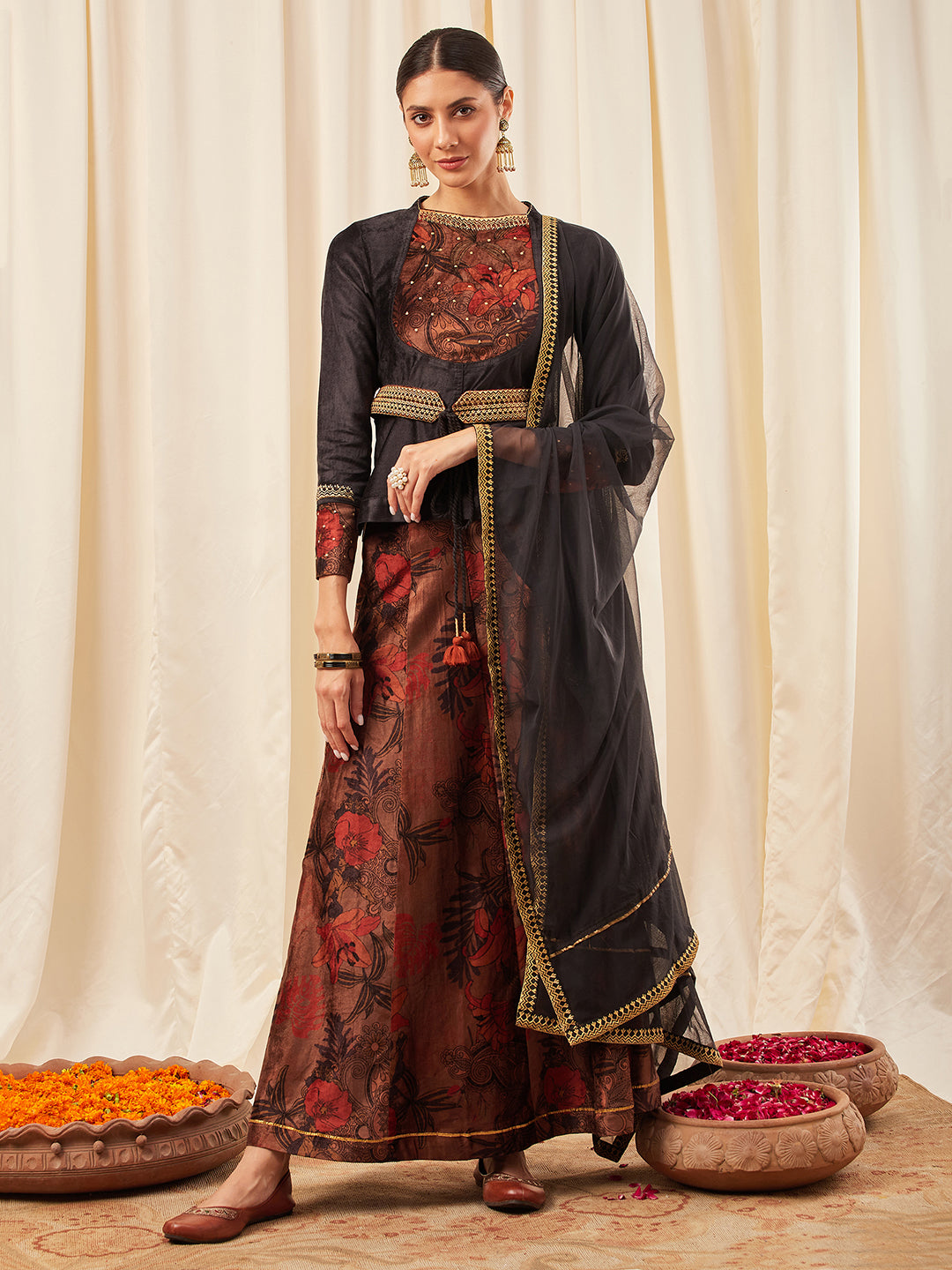 Embroidered Velvet Lehenga Set with Dupatta