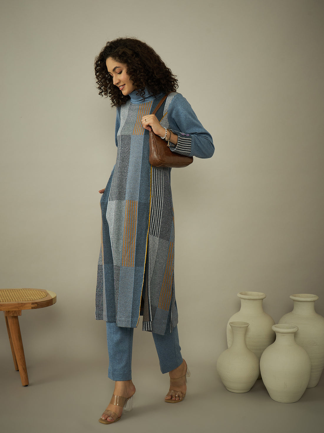 The Queen Blue Striped High-Neck Kurta Set
