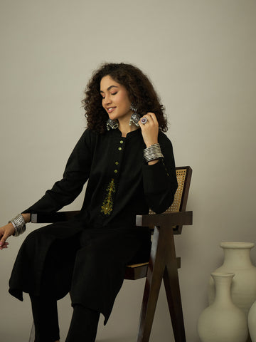 Workday Weave Black Woolen Kurta Set