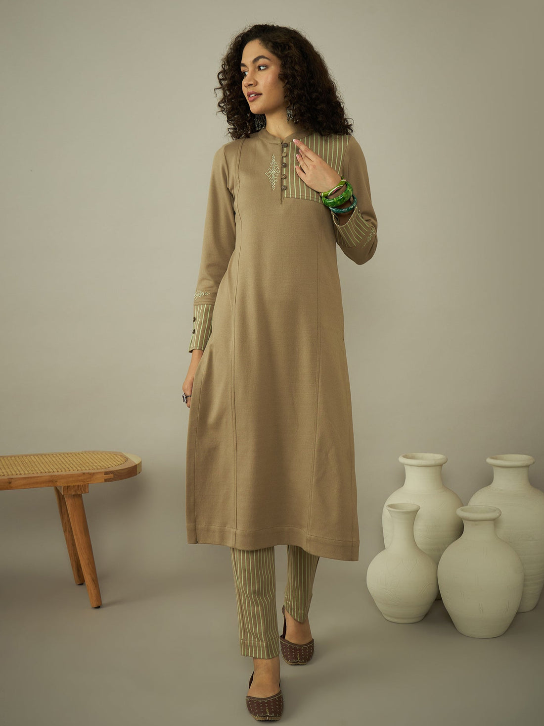 Taupe Stripe Woolen Kurta Set