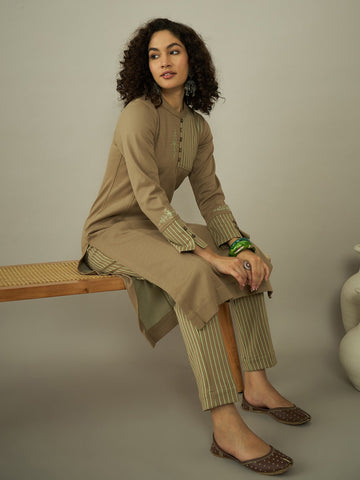 Taupe Stripe Woolen Kurta Set