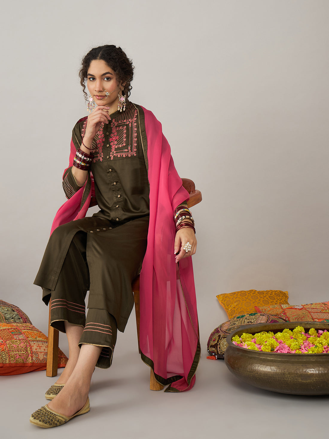 Dark Olive Kurta Set With Dupatta