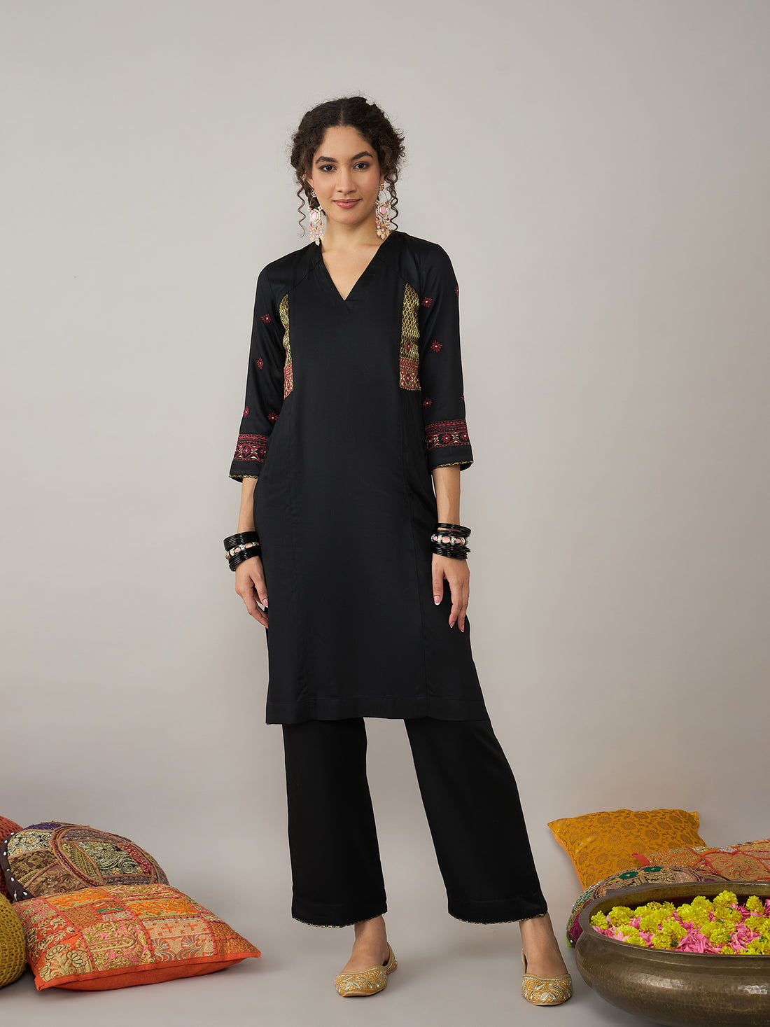 Black Kurta Set with Pink Dupatta