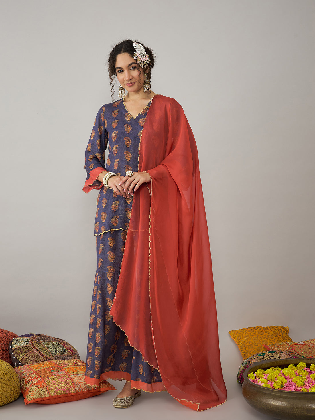 Purple sharara set with rust dupatta