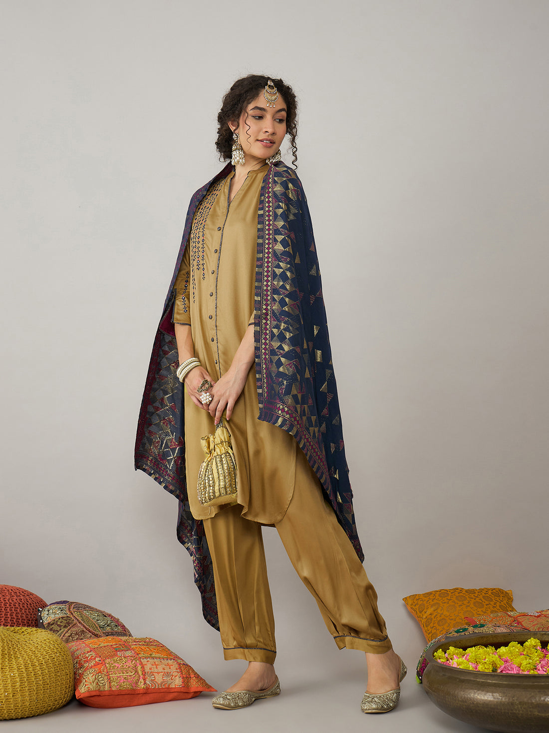 Sand Gold Kurta Set With Blue Dupatta