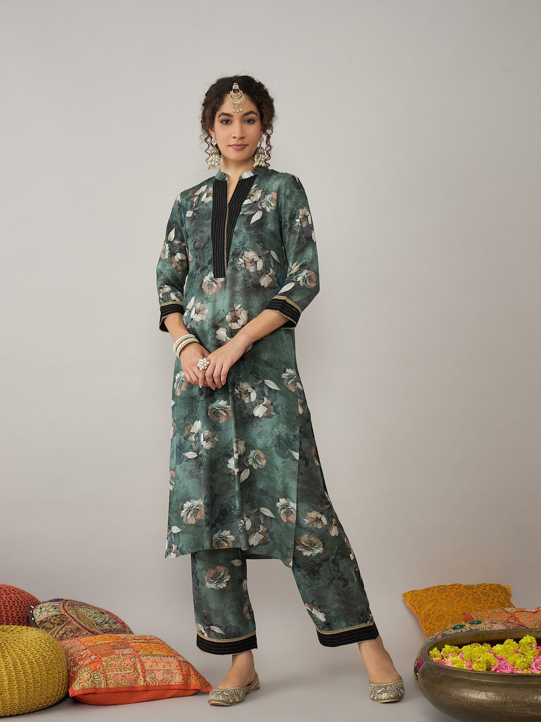 Green printed kurta set with dupatta