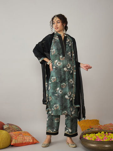 Green printed kurta set with dupatta