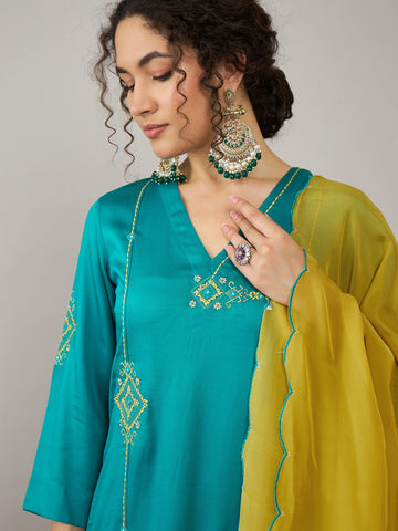 Turquoise Kurta Set With Yellow Dupatta