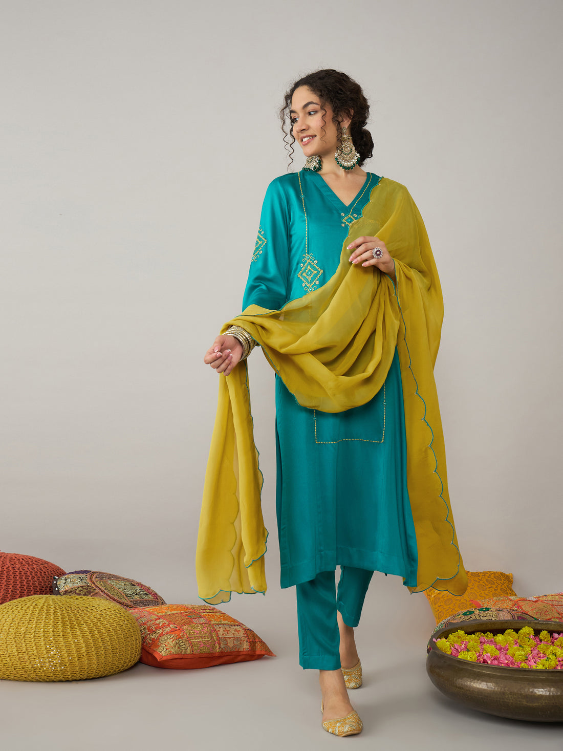 Turquoise Kurta Set With Yellow Dupatta