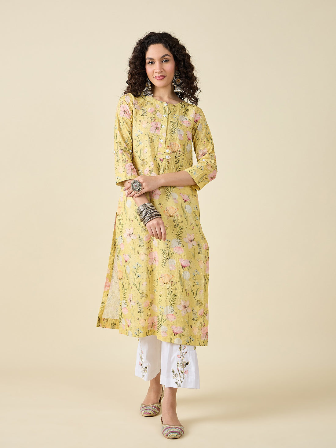 Yellow Floral Printed Kurta Set