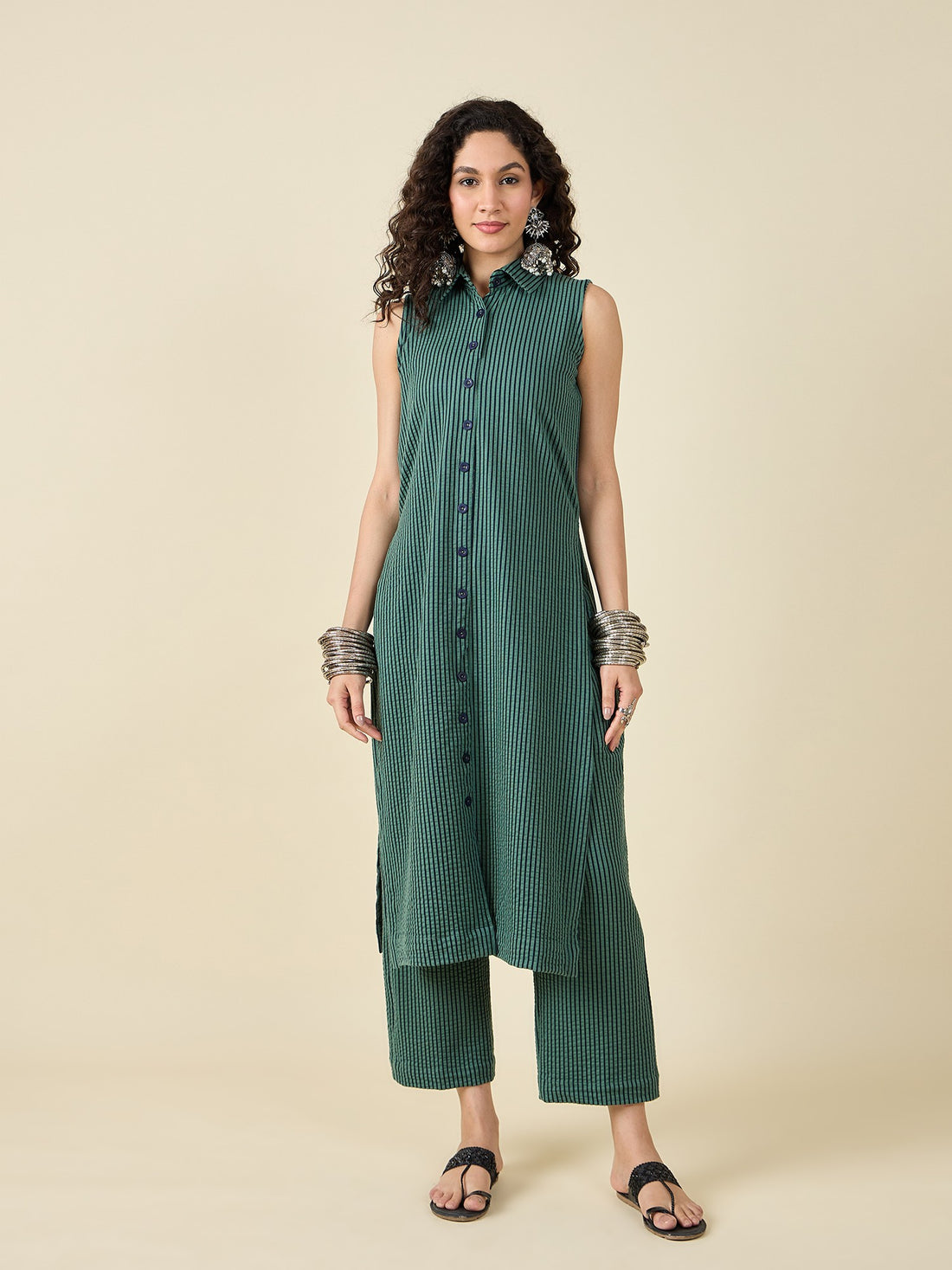 Knitted Striped Green Kurta Set