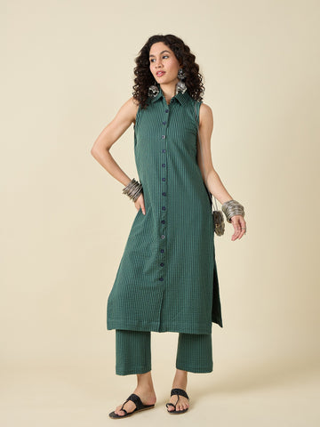 Knitted Striped Green Kurta Set