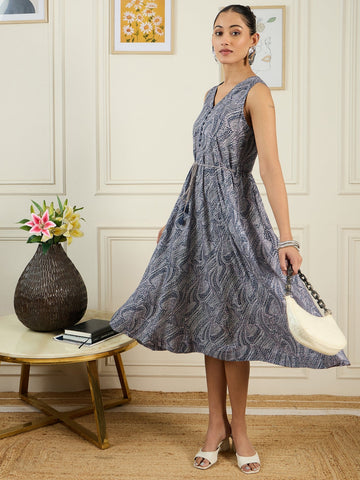 Blue Printed V-Neck Midi Dress