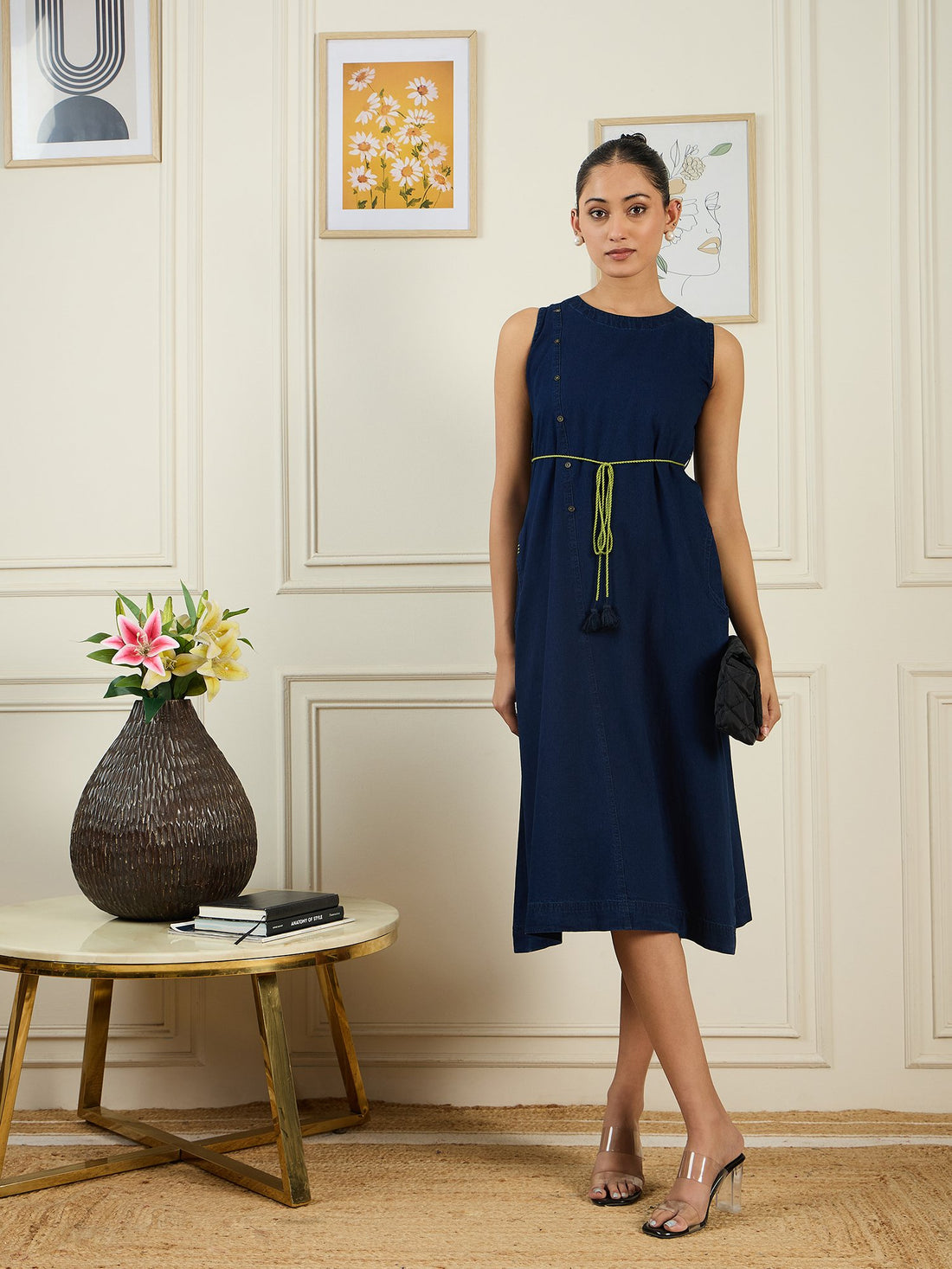 Blue Cotton Denim Midi Dress