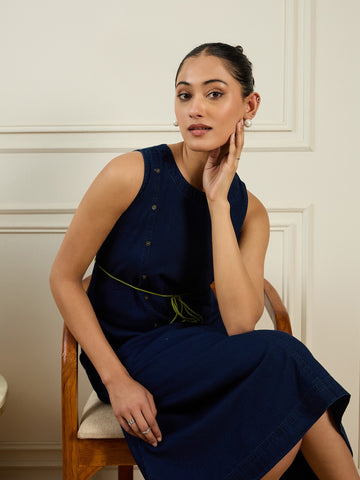 Blue Cotton Denim Midi Dress