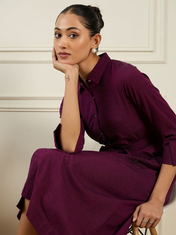 Wine Belted Midi Dress