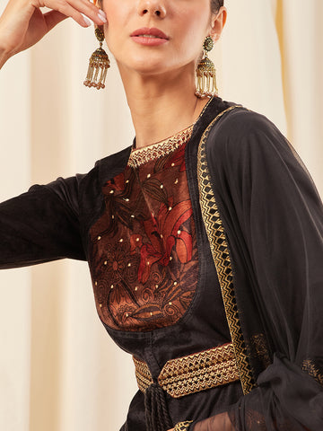 Embroidered Velvet Lehenga Set with Dupatta