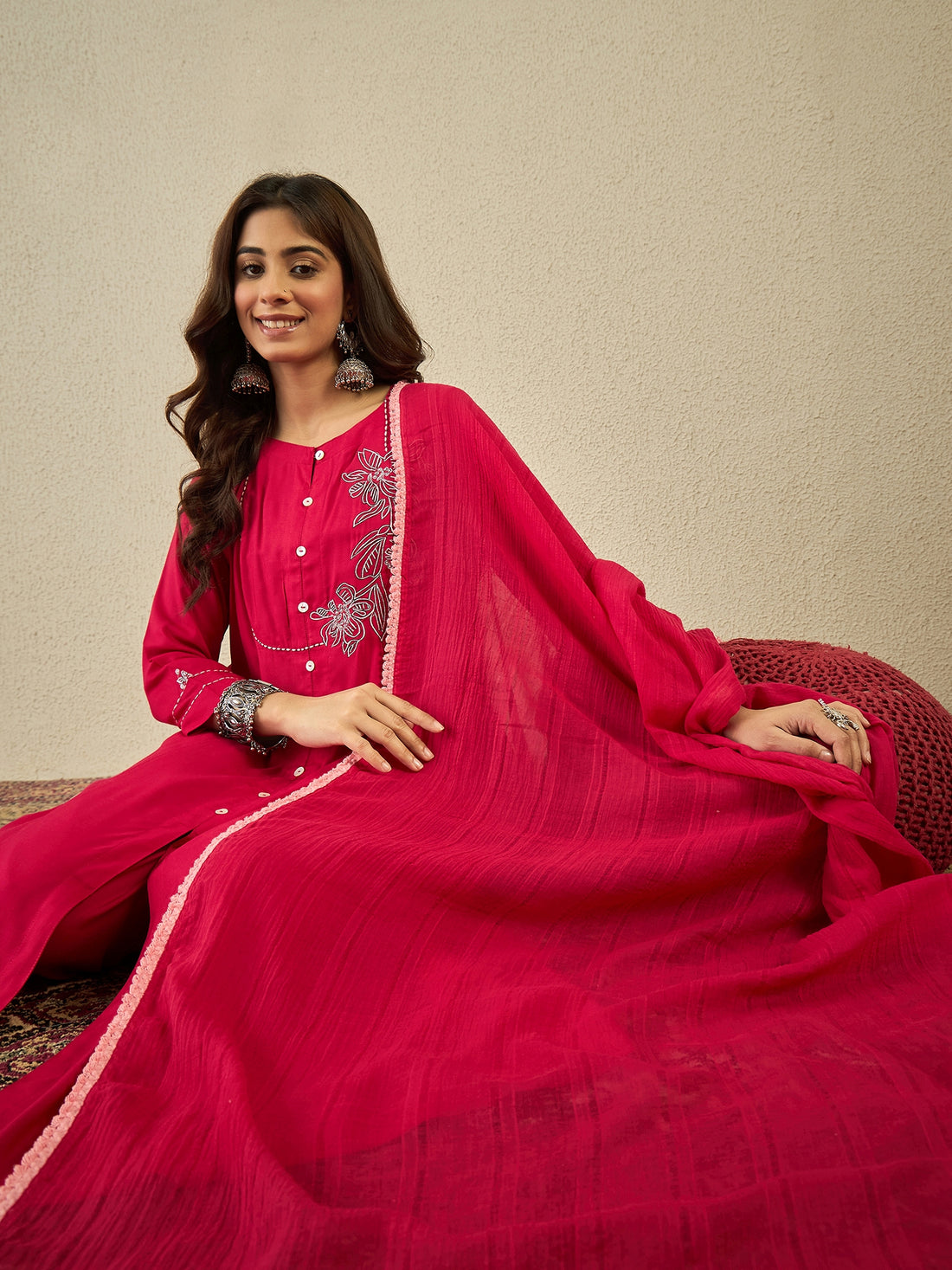 Rosy Red Kurta Set With Dupatta