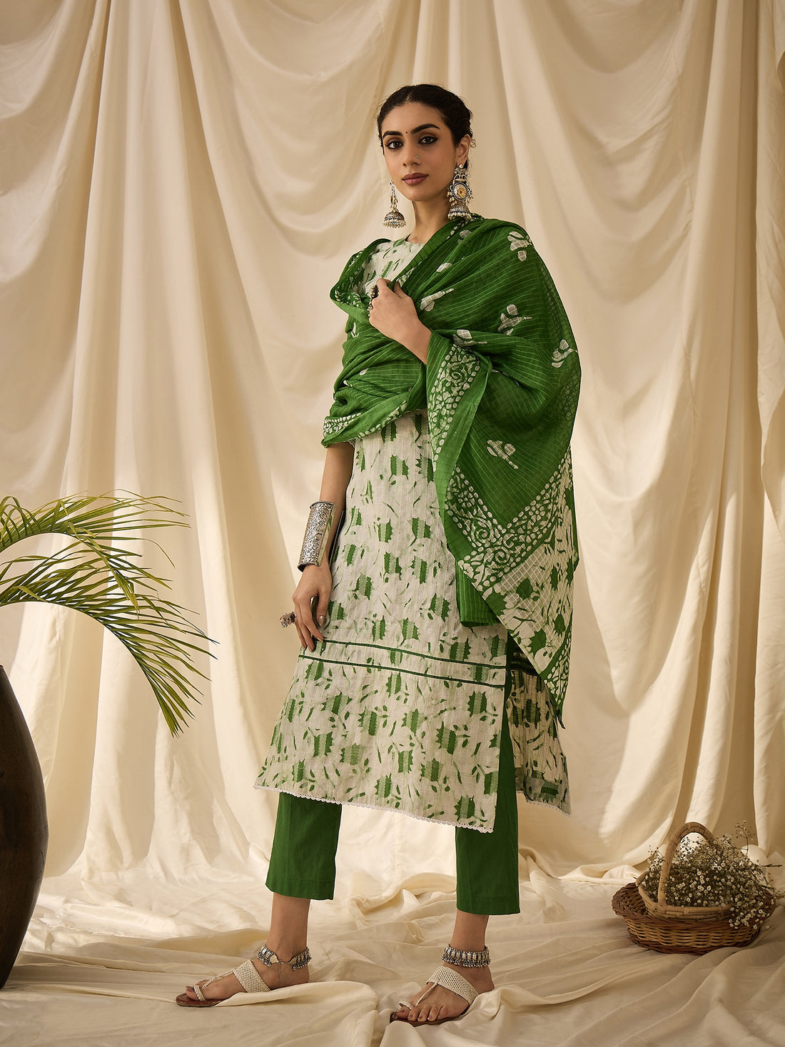 Green Printed Batik Kurta Set with Dupatta