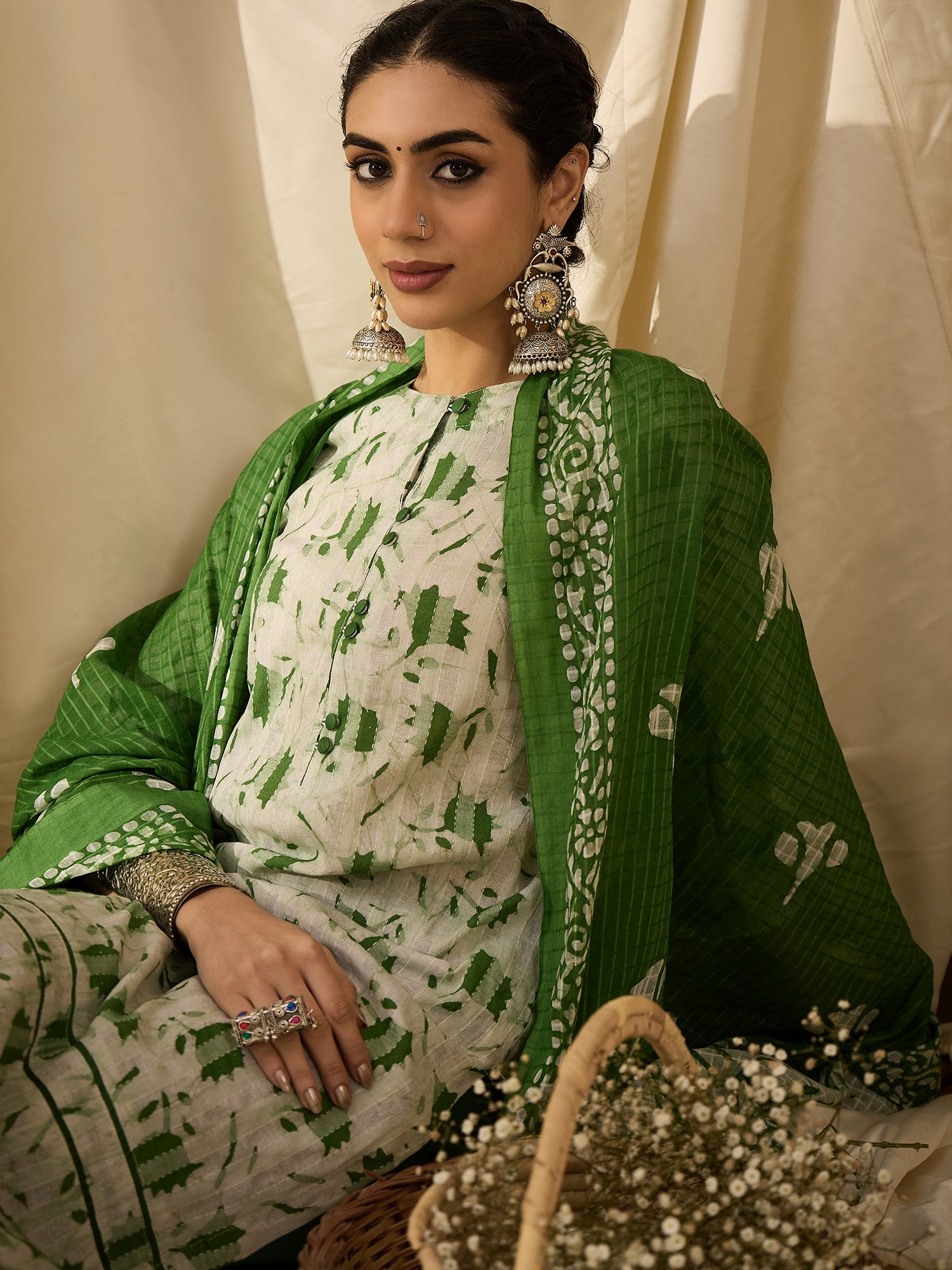 Green Printed Batik Kurta Set with Dupatta