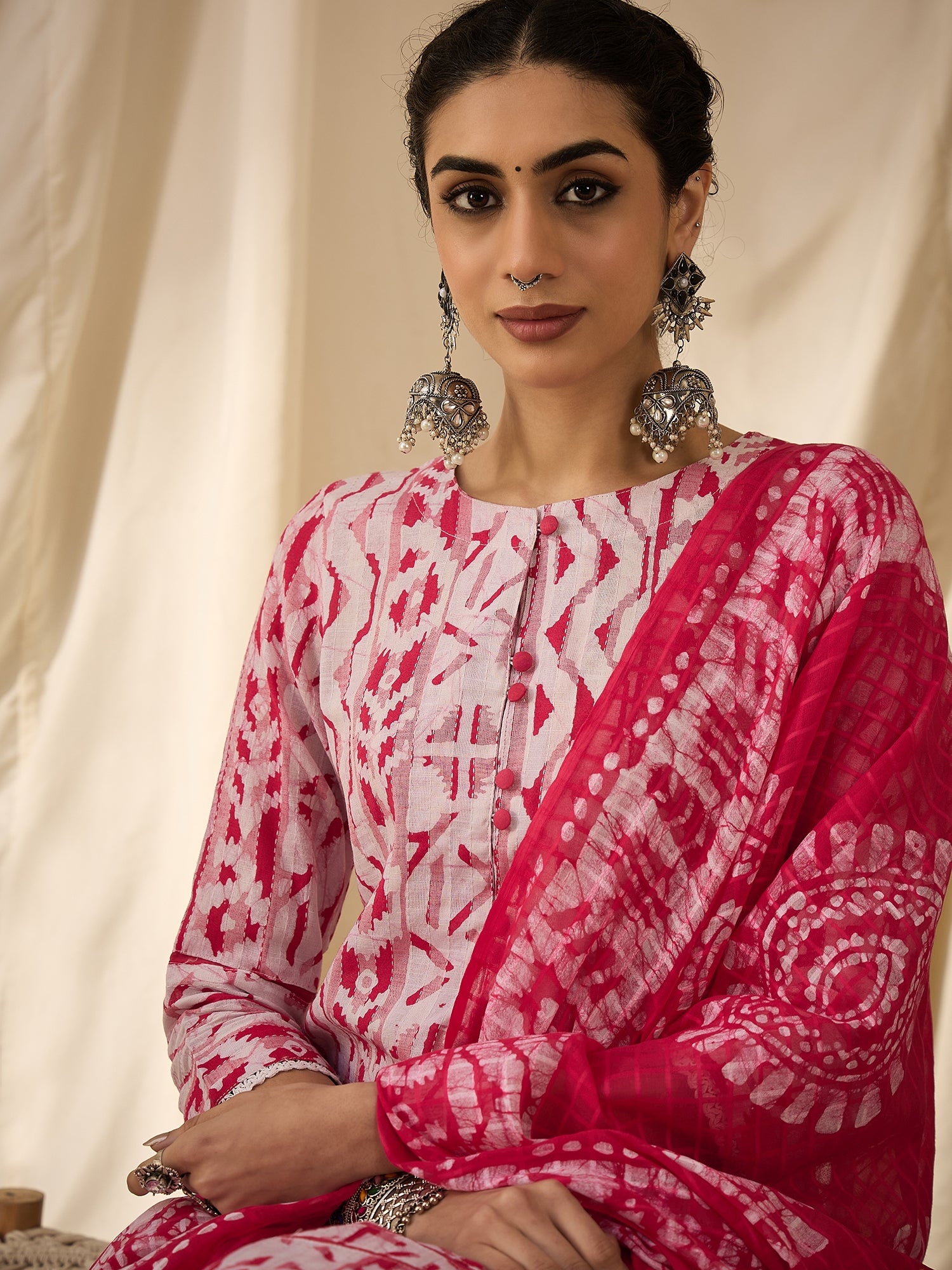 Pink Printed Batik Kurta Set with Dupatta