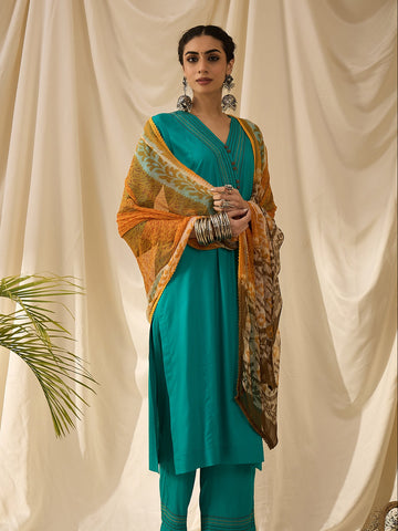 The Teal Embroidered Kurta-Set of 3