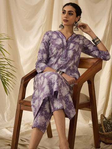 Purple Floral printed kurta set