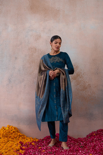 Teal Embroidered Velvet Kurta Set