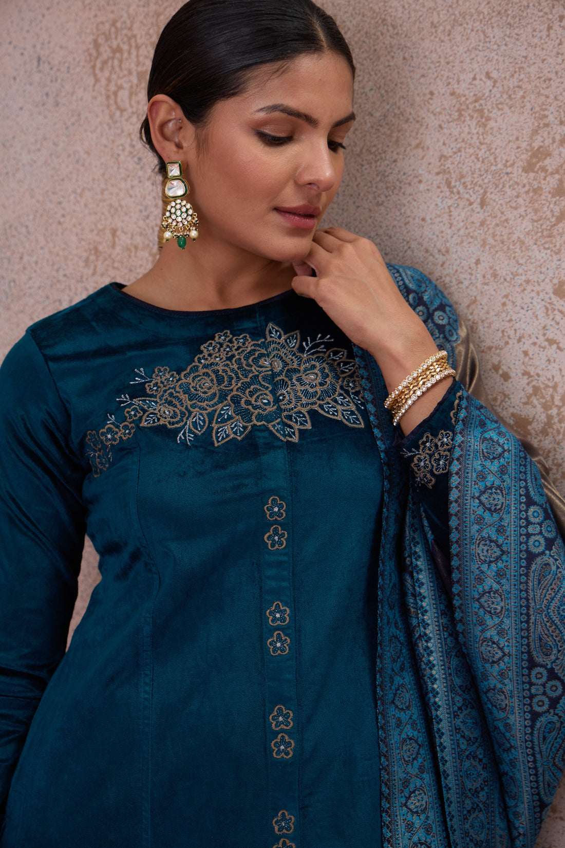 Teal Embroidered Velvet Kurta Set
