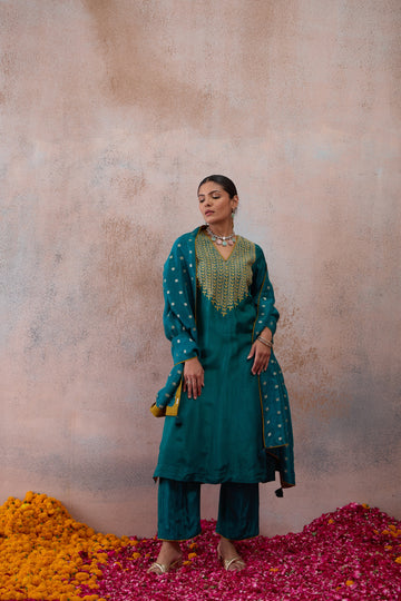 The Peacock Teal Embroidered Kurta Set