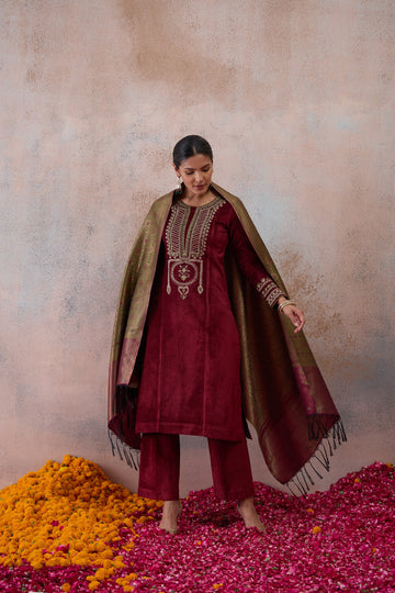 Maroon Embroidered Velvet Kurta Set