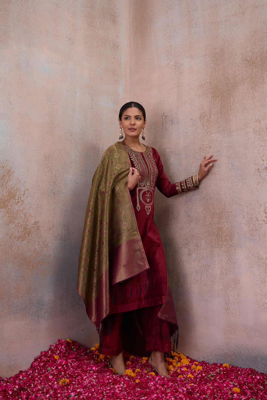 Maroon Embroidered Velvet Kurta Set