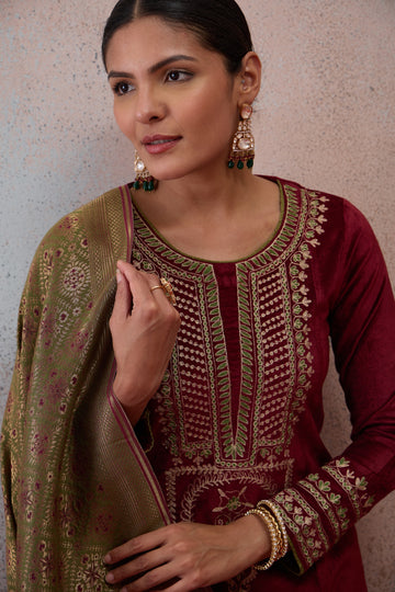 Maroon Embroidered Velvet Kurta Set