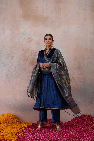Navy Blue Embroidered Velvet Kurta Set with Printed Dupatta