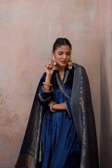 Navy Blue Velvet Kurta Set with Dupatta