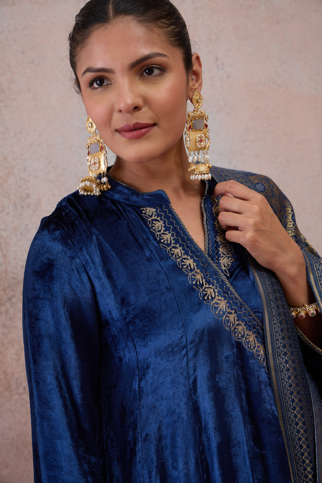Navy Blue Embroidered Velvet Kurta Set with Printed Dupatta